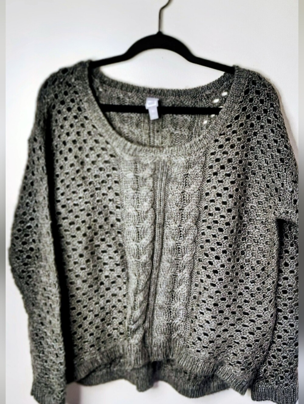 Gray Open Knit Cable Knit Sweater Oversized Wool Blend Pullover
